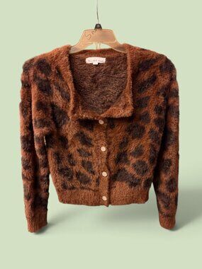 Threaded Leaf Black/Brown Leopard Print Fuzzy Cardigan Sweater Sz L